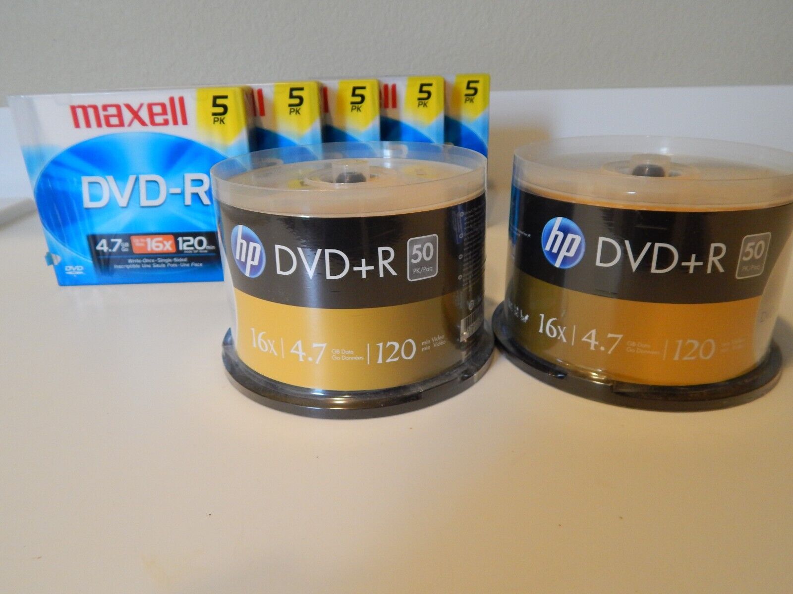 BRAND NEW- HP DVD+R 2/50 pk, Maxwell DVD-R 5/5pk 16x 4.7GB 120 min, Lot of 125 BRAND NEW- HP DVD+R 2/50 pk, Maxwell DVD-R 5/5pk 16x 4.7GB 120 min, Lot of 125